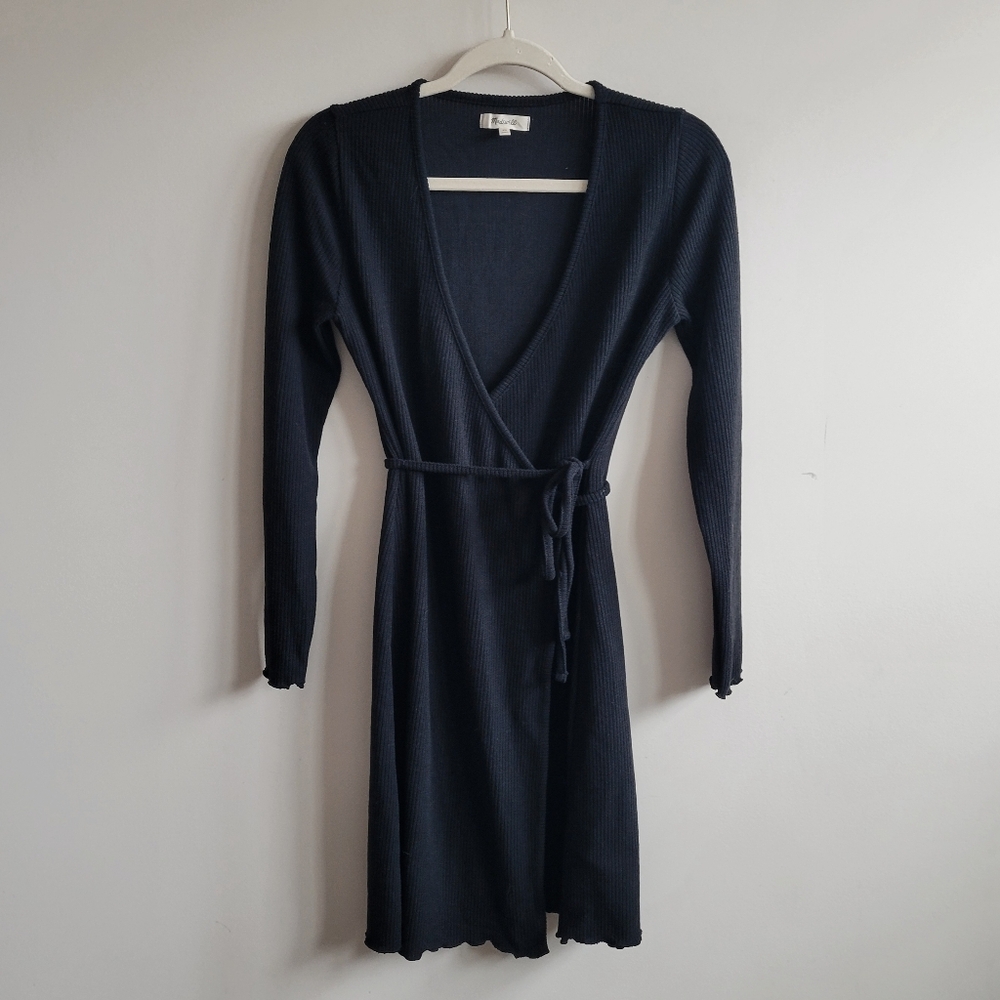 Madewell Ribbed Knit Wrap Mini Dress In true black - Picture 6 of 11